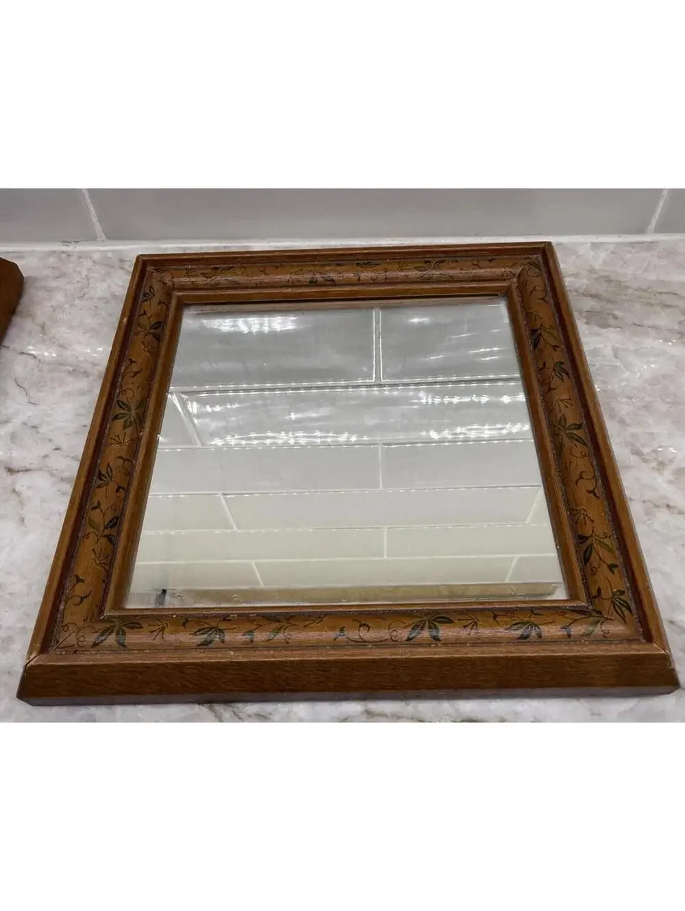 Pair Vintage Wood Framed Floral Vine Accent Wall Mirrors